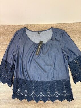 Unique Spectrum Navy Lace Hem Blouse | Boho Crochet Trim Top | Size Small